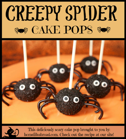 Creepy, Crawly, Delicious Spider Cake Pops. Enjoy biting into these delicious spider treats this Halloween! @homelifeabroad.com #halloween #cakepop #delicious #sweets