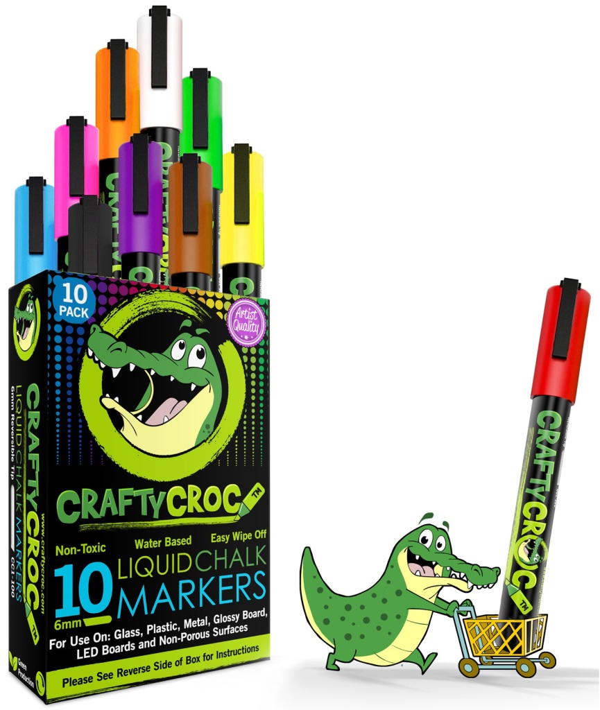 Crafty Croc Liquid Chalk Markers, 10 Pack of Neon Chalk Pens, for Nonporous