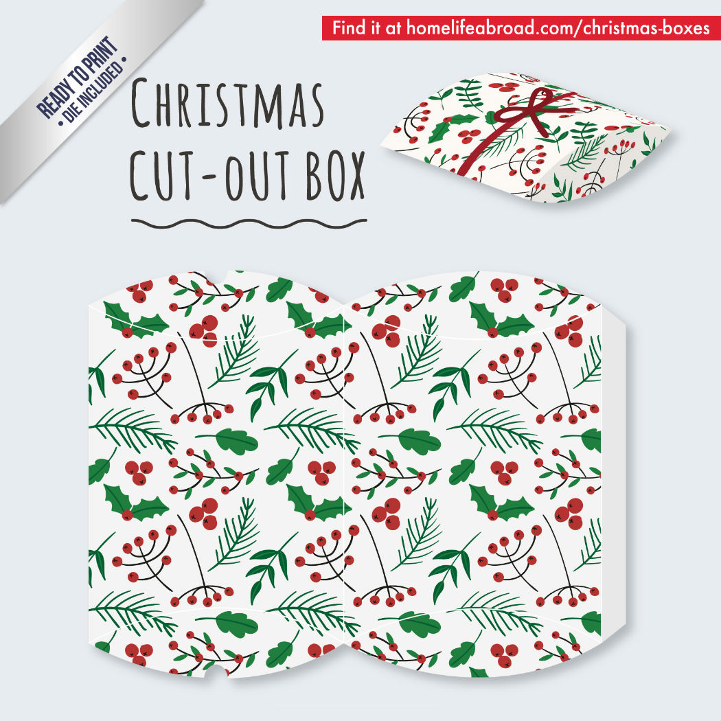 Mistletoe Christmas Cut-Out Box - with ready to print templates! Check out all the boxes & download at @homelifeabroad.com #christmasgifts #christmasboxes #christmastemplates #christmasprintables #santaprintables #mistletoe #xmas #DIY #boxes #christmasDIY #christmascrafts