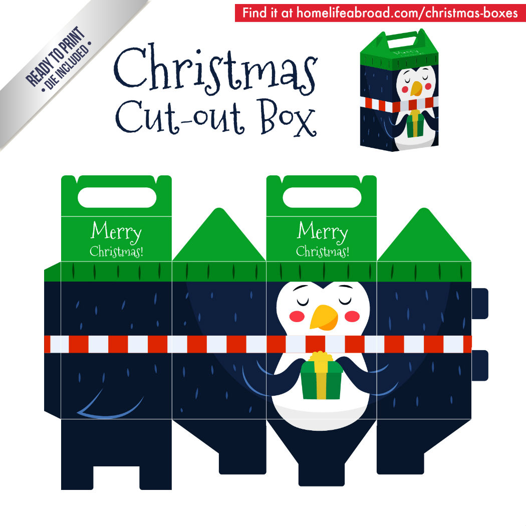 Christmas Penguin Cut-Out Box - with ready to print templates! Check out all the boxes & download at @homelifeabroad.com #christmasgifts #christmasboxes #christmastemplates #christmasprintables #xmas #DIY #boxes #christmasDIY #christmascrafts