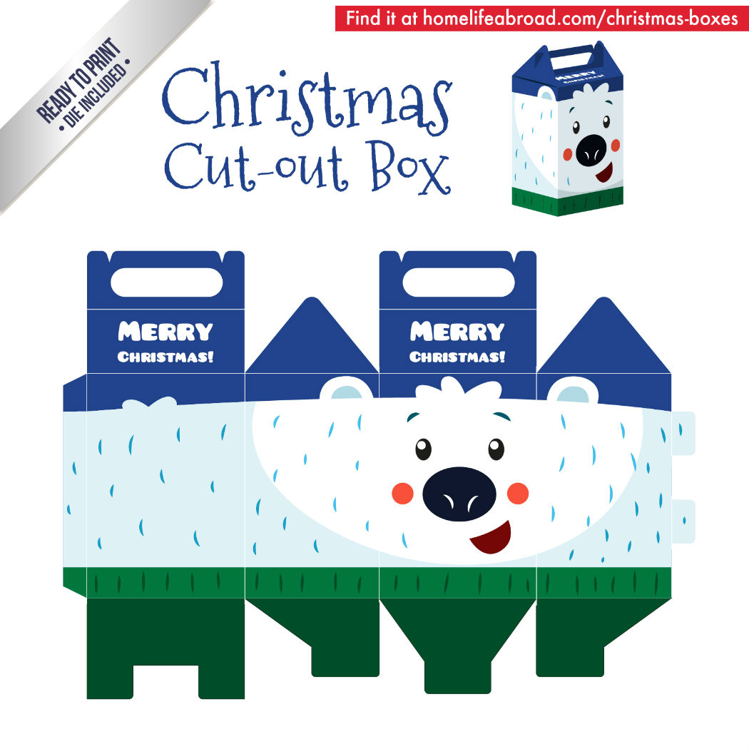 Christmas Polar Bear Cut-Out Box - with ready to print templates! Check out all the boxes & download at @homelifeabroad.com #christmasgifts #christmasboxes #christmastemplates #christmasprintables #xmas #DIY #boxes #christmasDIY #christmascrafts