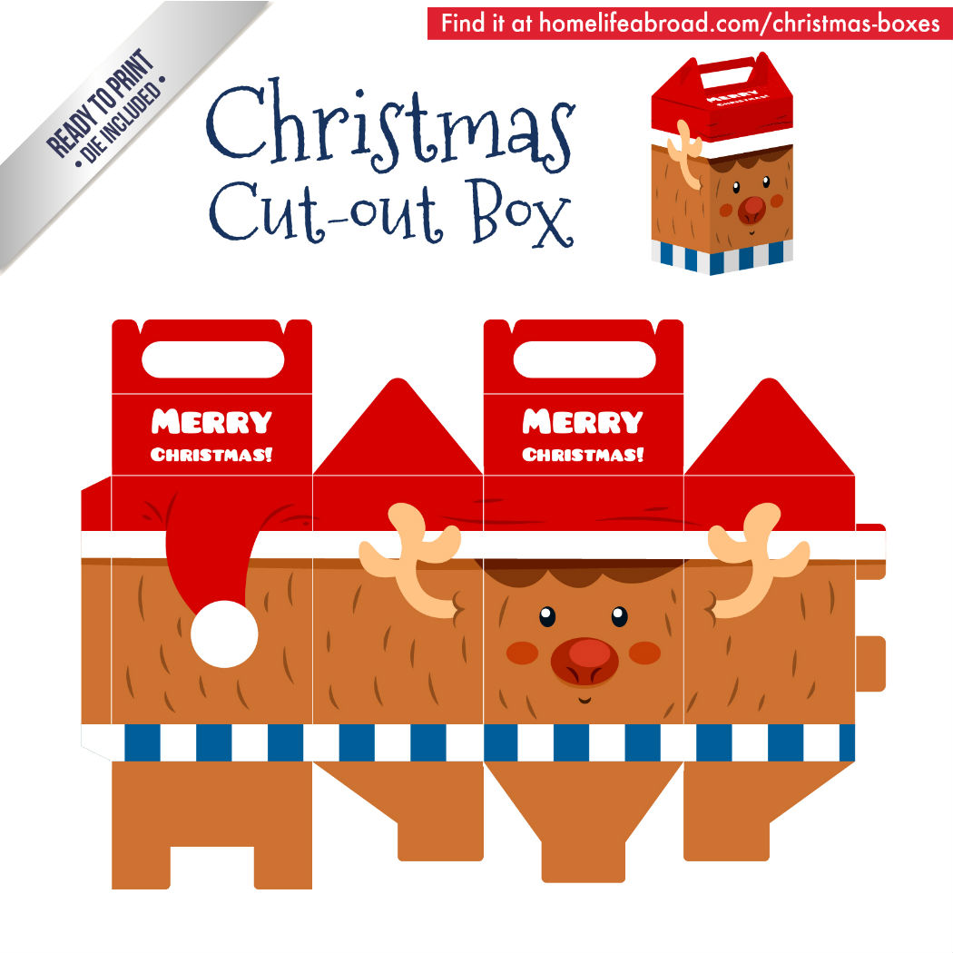 Christmas Reindeer Cut-Out Box - with ready to print templates! Check out all the boxes & download at @homelifeabroad.com #christmasgifts #christmasboxes #christmastemplates #christmasprintables #xmas #DIY #boxes #christmasDIY #christmascrafts
