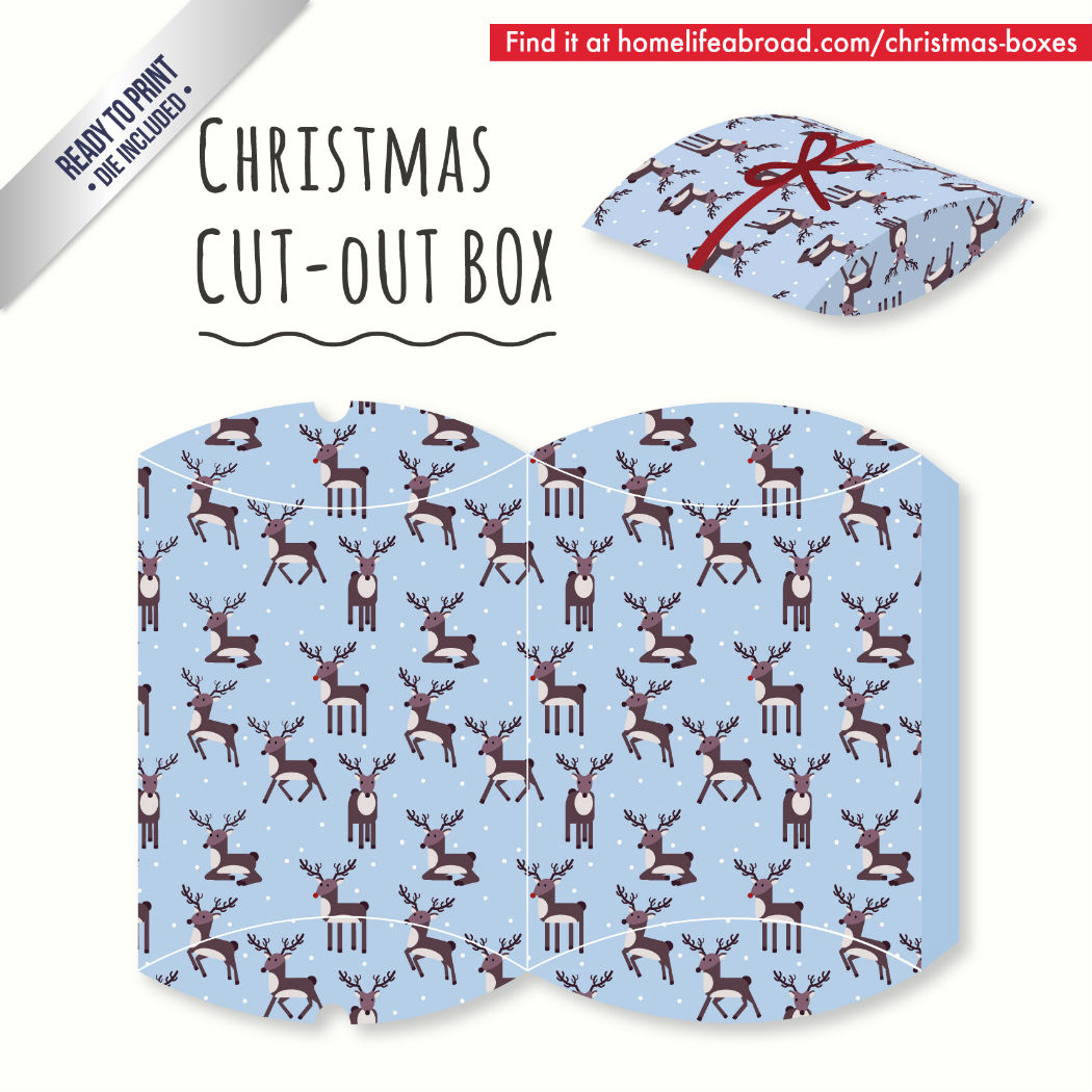 Reindeer Christmas Cut-Out Box - with ready to print templates! Check out all the boxes & download at @homelifeabroad.com #christmasgifts #christmasboxes #christmastemplates #christmasprintables #santaprintables #reindeers #xmas #DIY #boxes #christmasDIY #christmascrafts