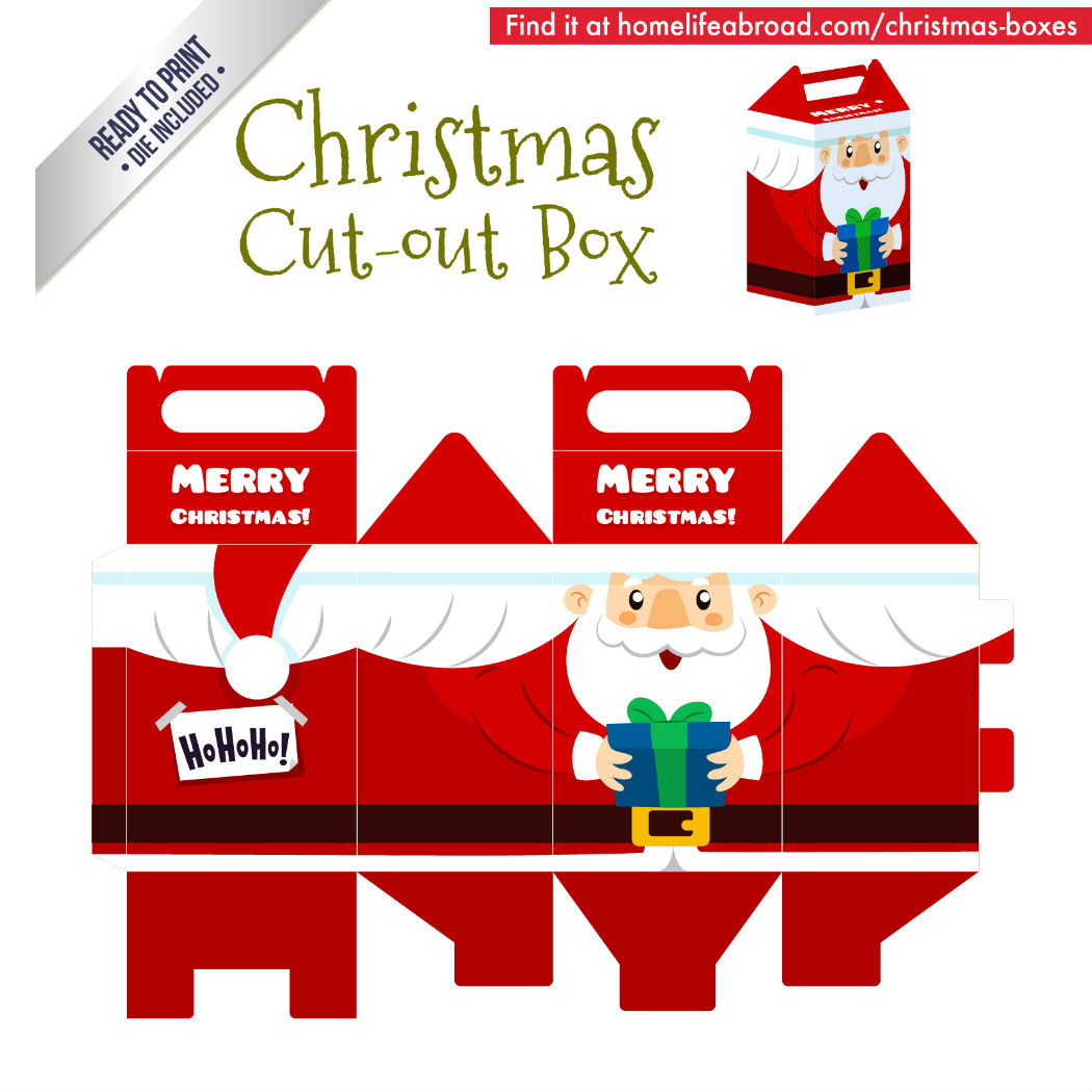 Christmas Santa Cut-Out Box - with ready to print templates! Check out all the boxes & download at @homelifeabroad.com #christmasgifts #christmasboxes #christmastemplates #christmasprintables #xmas #DIY #boxes #christmasDIY #christmascrafts