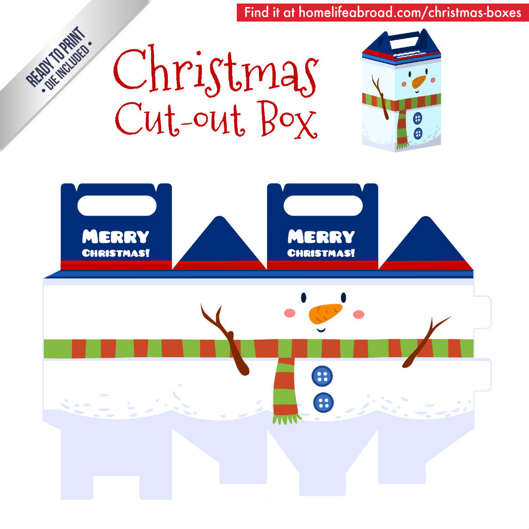Christmas Snowman Cut-Out Box - with ready to print templates! Check out all the boxes & download at @homelifeabroad.com #christmasgifts #christmasboxes #christmastemplates #christmasprintables #xmas #DIY #boxes #christmasDIY #christmascrafts
