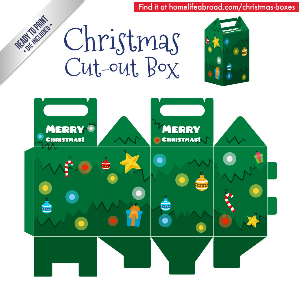 Christmas Tree Cut-Out Box - with ready to print templates! Check out all the boxes & download at @homelifeabroad.com #christmasgifts #christmasboxes #christmastemplates #christmasprintables #xmas #DIY #boxes #christmasDIY #christmascrafts