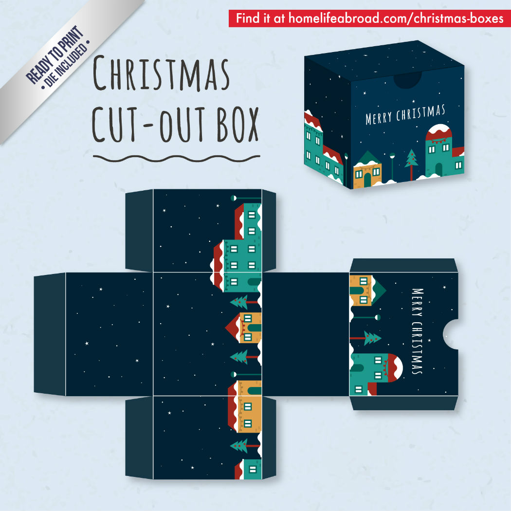 Christmas Village Cut-Out Box - with ready to print templates! Check out all the boxes & download at @homelifeabroad.com #christmasgifts #christmasboxes #christmastemplates #christmasprintables #xmas #DIY #boxes #christmasDIY #christmascrafts