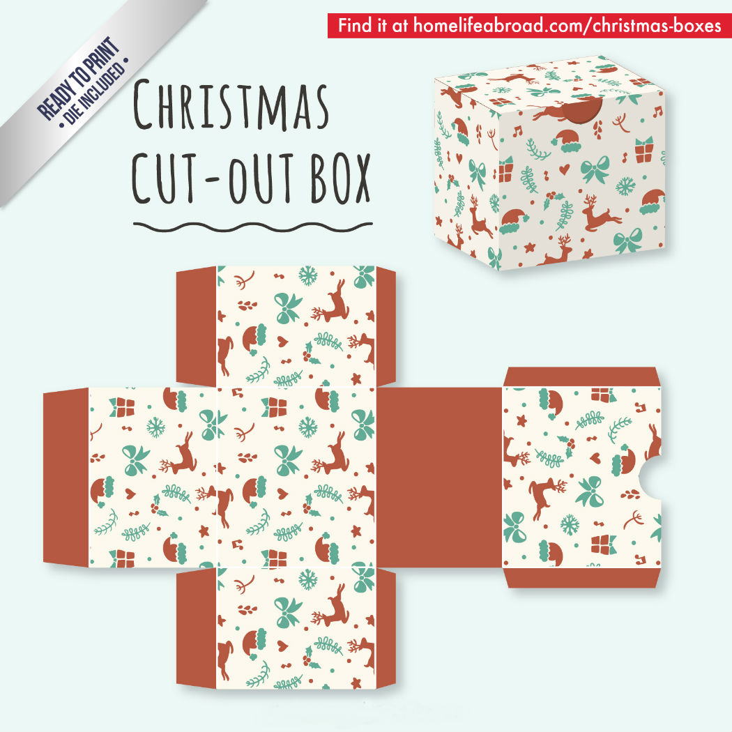 Cute Christmas Cut-Out Box - with ready to print templates! Check out all the boxes & download at @homelifeabroad.com #christmasgifts #christmasboxes #christmastemplates #christmasprintables #xmas #DIY #boxes #christmasDIY #christmascrafts
