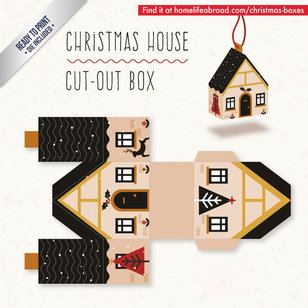 Christmas House Cut-Out Box - with ready to print templates! Check out all the boxes & download at @homelifeabroad.com #christmasgifts #christmasboxes #christmastemplates #christmasprintables #xmas #DIY #boxes #christmasDIY #christmascrafts