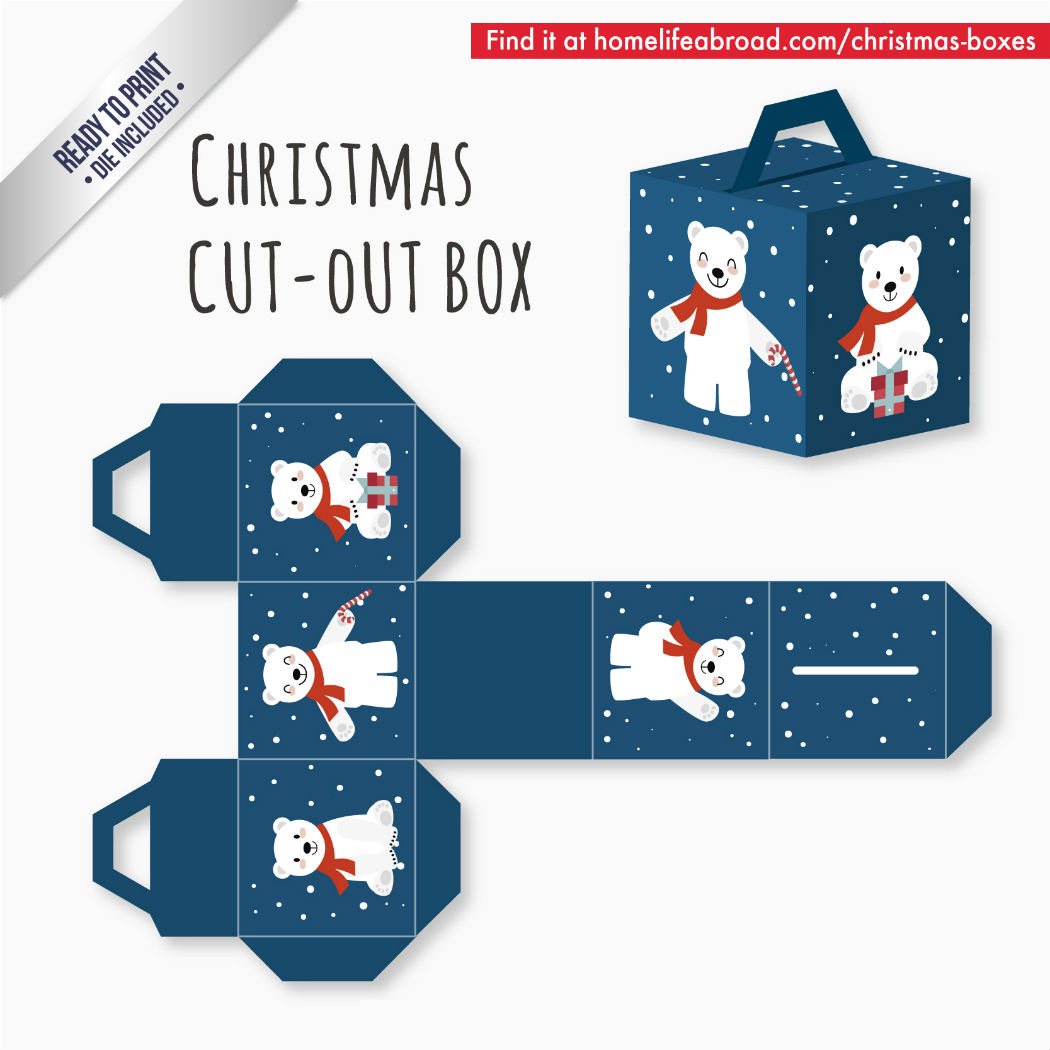 Blue Polar Bear Christmas Cut-Out Box - with ready to print templates! Check out all the boxes & download at @homelifeabroad.com #christmasgifts #christmasboxes #christmastemplates #christmasprintables #xmas #DIY #boxes #christmasDIY #christmascrafts #polarbear