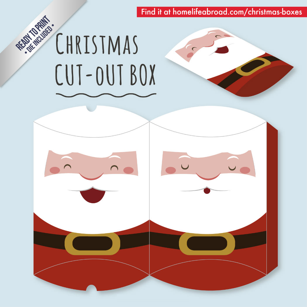 Cute Santa Christmas Cut-Out Box - with ready to print templates! Check out all the boxes & download at @homelifeabroad.com #christmasgifts #christmasboxes #christmastemplates #christmasprintables #santaprintables #santa #xmas #DIY #boxes #christmasDIY #christmascrafts
