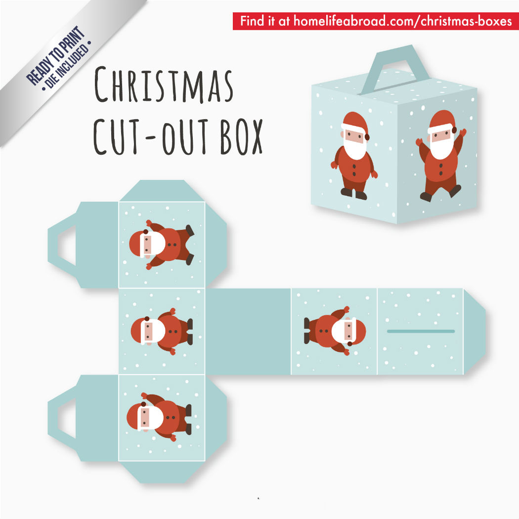 Santa Christmas Cut-Out Box - with ready to print templates! Check out all the boxes & download at @homelifeabroad.com #christmasgifts #christmasboxes #christmastemplates #christmasprintables #xmas #DIY #boxes #christmasDIY #christmascrafts #santa