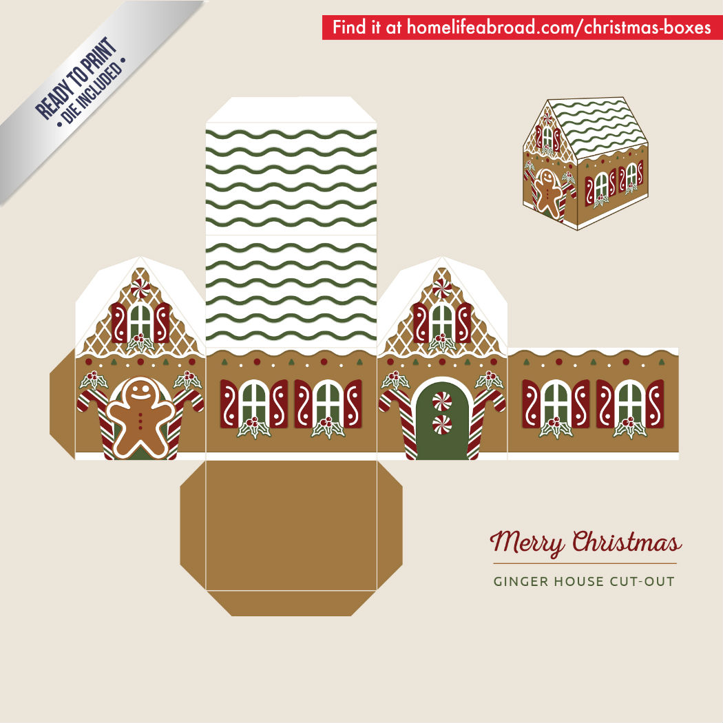 Christmas Gingerbread House Cut-Out Box - with ready to print templates! Check out all the boxes & download at @homelifeabroad.com #christmasgifts #christmasboxes #christmastemplates #christmasprintables #xmas #DIY #boxes #christmasDIY #christmascrafts #gingerbreadhouse