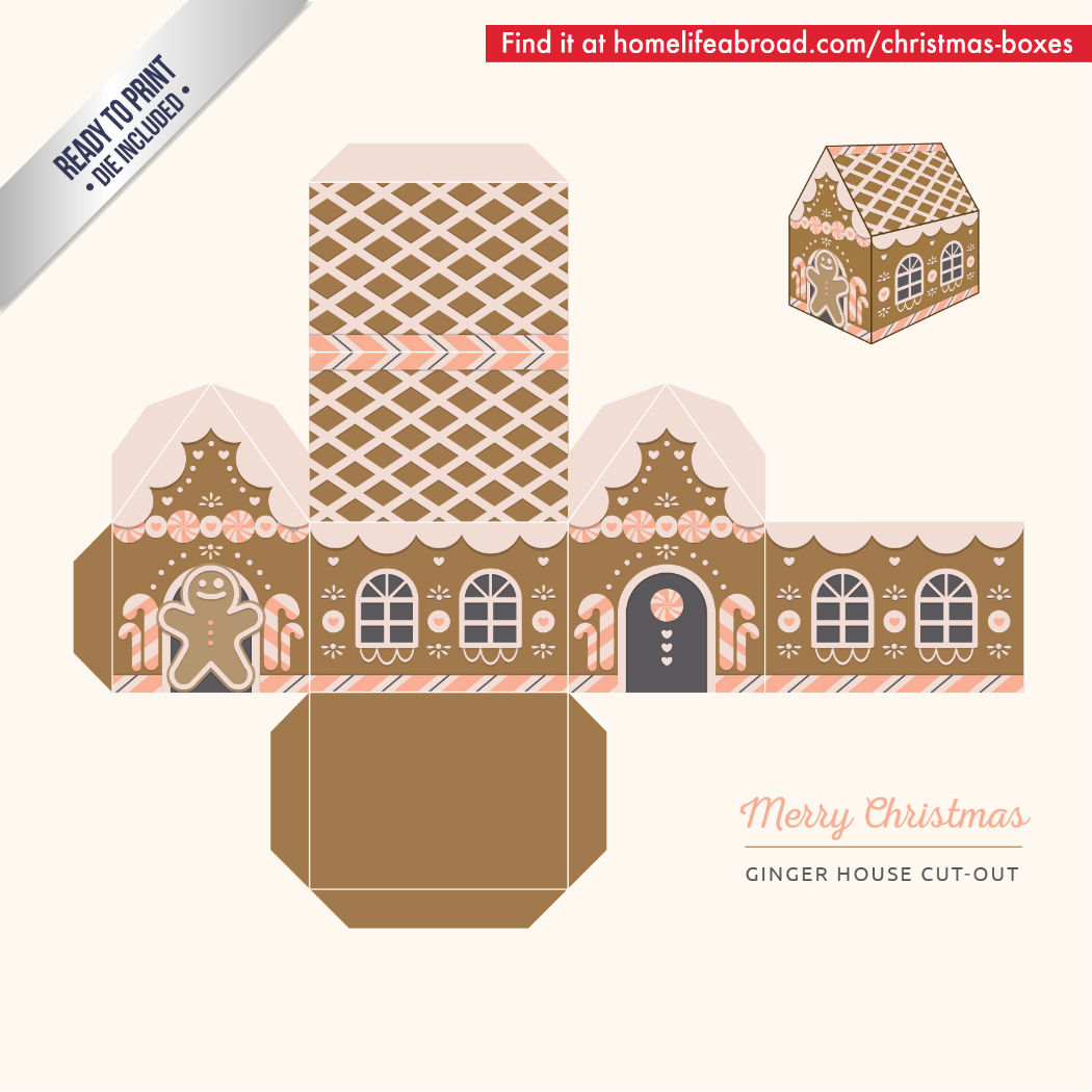 Christmas Gingerbread House Cut-Out Box - with ready to print templates! Check out all the boxes & download at @homelifeabroad.com #christmasgifts #christmasboxes #christmastemplates #christmasprintables #xmas #DIY #boxes #christmasDIY #christmascrafts #gingerbreadhouse