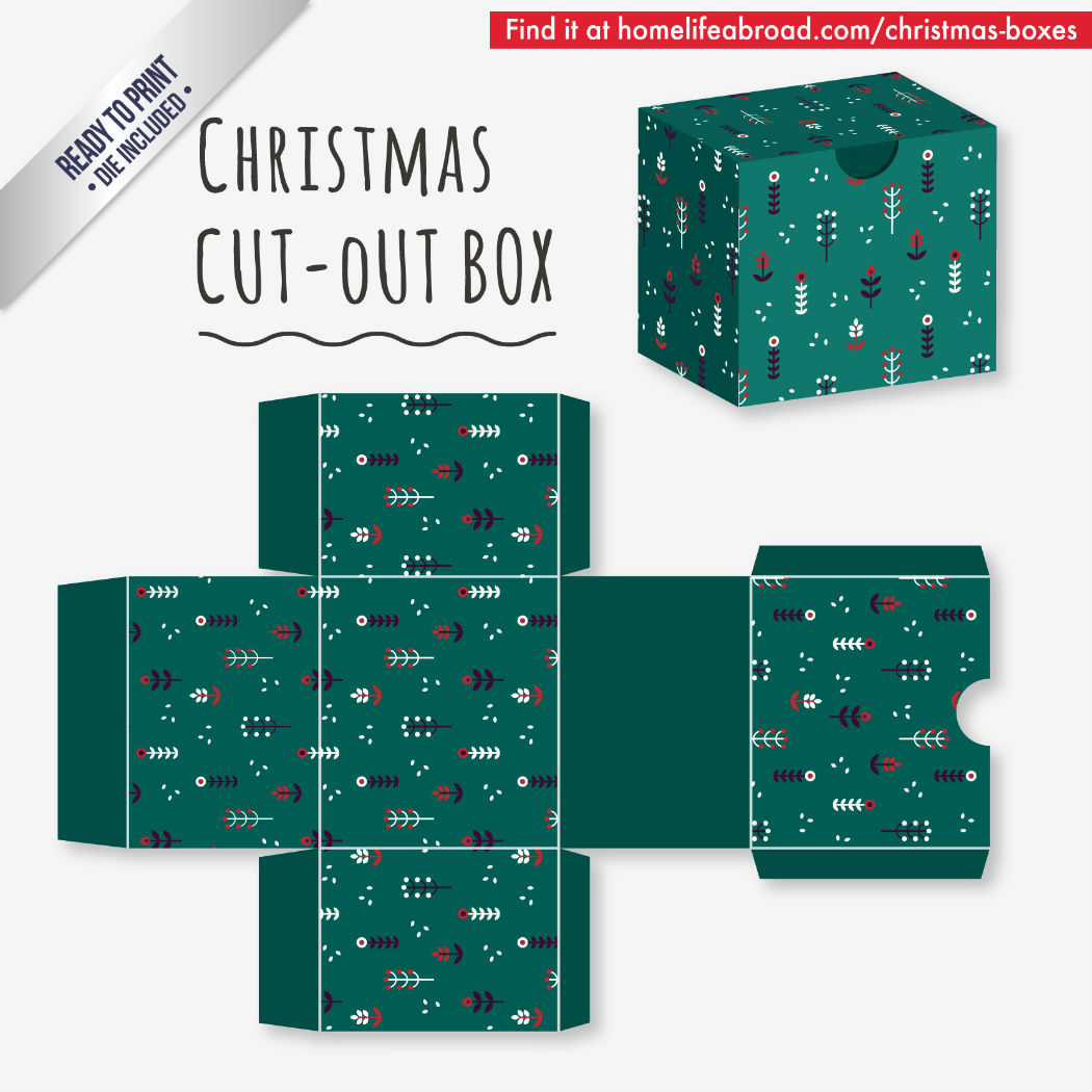 Green Floral Christmas Cut-Out Box - with ready to print templates! Check out all the boxes & download at @homelifeabroad.com #christmasgifts #christmasboxes #christmastemplates #christmasprintables #xmas #DIY #boxes #christmasDIY #christmascrafts
