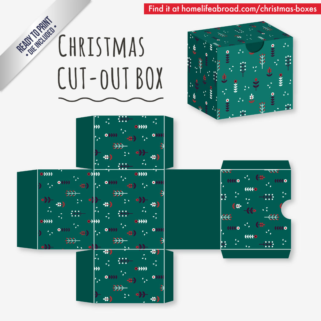 Green Floral Christmas Cut-Out Box - with ready to print templates! Check out all the boxes & download at @homelifeabroad.com #christmasgifts #christmasboxes #christmastemplates #christmasprintables #xmas #DIY #boxes #christmasDIY #christmascrafts