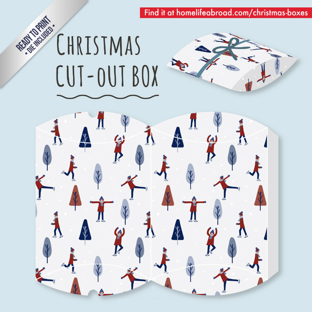 Ice Skating Christmas Cut-Out Box - with ready to print templates! Check out all the boxes & download at @homelifeabroad.com #christmasgifts #christmasboxes #christmastemplates #christmasprintables #santaprintables #iceskating #xmas #DIY #boxes #christmasDIY #christmascrafts