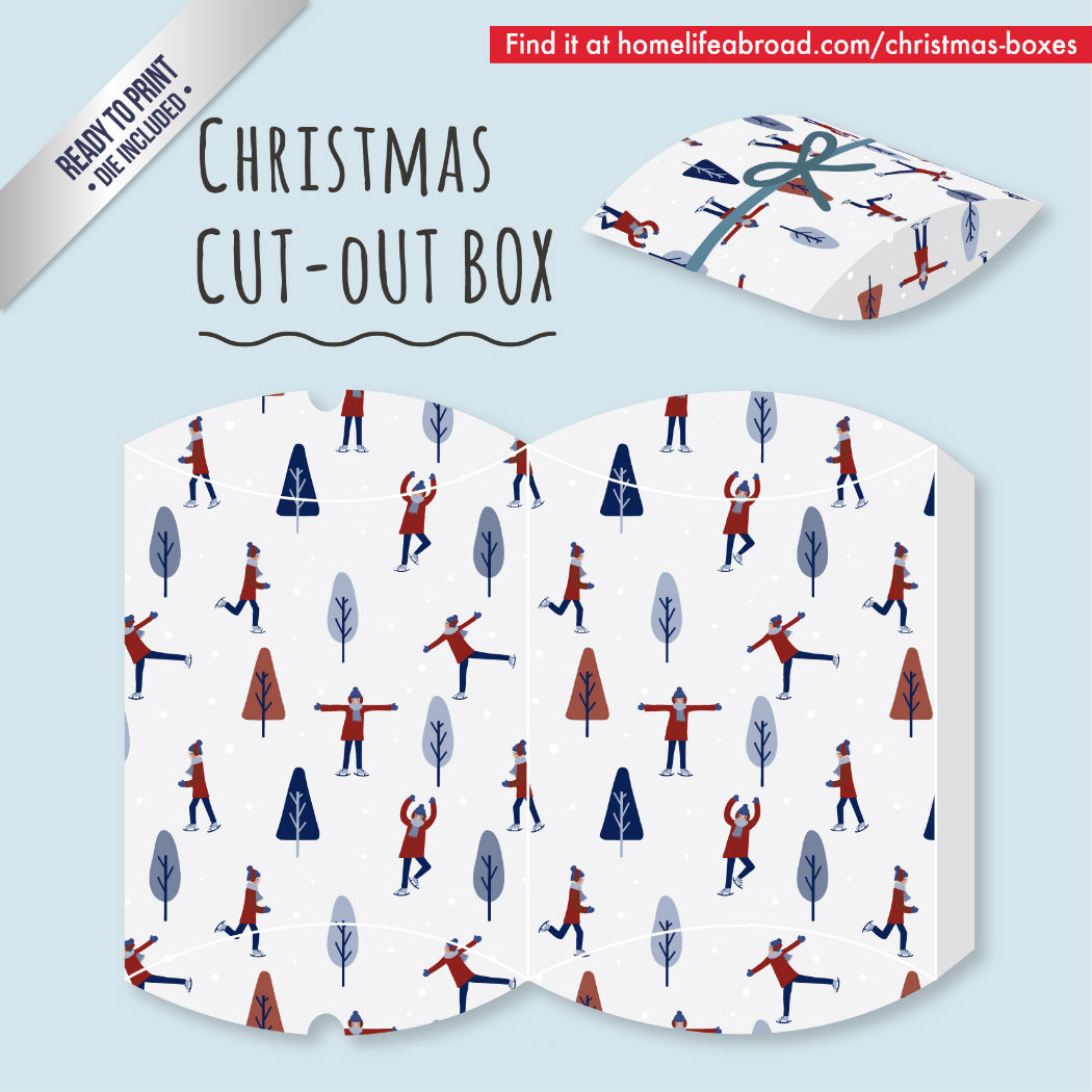 Ice Skating Christmas Cut-Out Box - with ready to print templates! Check out all the boxes & download at @homelifeabroad.com #christmasgifts #christmasboxes #christmastemplates #christmasprintables #santaprintables #iceskating #xmas #DIY #boxes #christmasDIY #christmascrafts