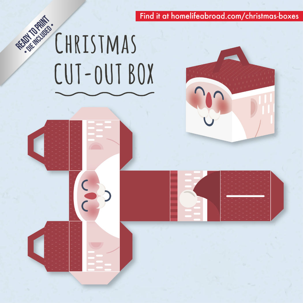 Christmas Santa Cut-Out Box - with ready to print templates! Check out all the boxes & download at @homelifeabroad.com #christmasgifts #christmasboxes #christmastemplates #christmasprintables #xmas #DIY #boxes #christmasDIY #christmascrafts #santa