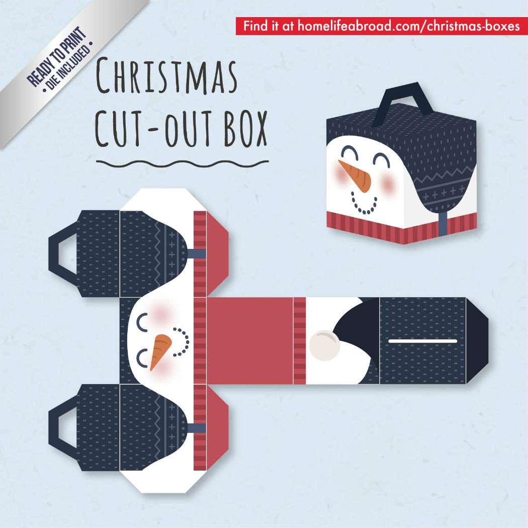 Christmas Snowman Cut-Out Box - with ready to print templates! Check out all the boxes & download at @homelifeabroad.com #christmasgifts #christmasboxes #christmastemplates #christmasprintables #xmas #DIY #boxes #christmasDIY #christmascrafts #snowman