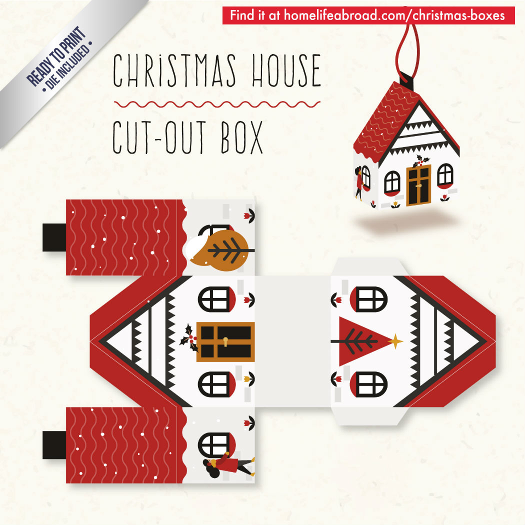 Christmas House Cut-Out Box - with ready to print templates! Check out all the boxes & download at @homelifeabroad.com #christmasgifts #christmasboxes #christmastemplates #christmasprintables #xmas #DIY #boxes #christmasDIY #christmascrafts