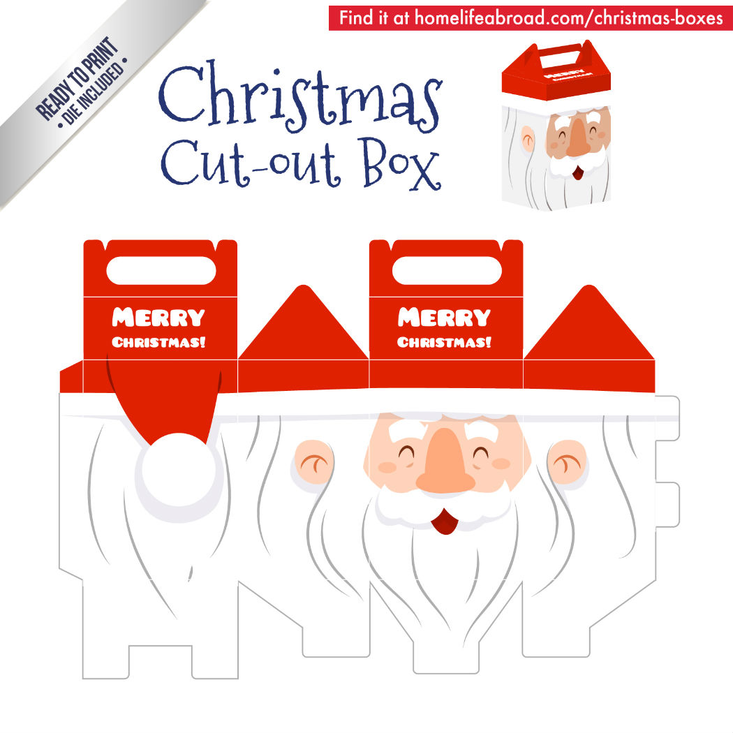 Christmas Santa Cut-Out Box - with ready to print templates! Check out all the boxes & download at @homelifeabroad.com #christmasgifts #christmasboxes #christmastemplates #christmasprintables #xmas #DIY #boxes #christmasDIY #christmascrafts