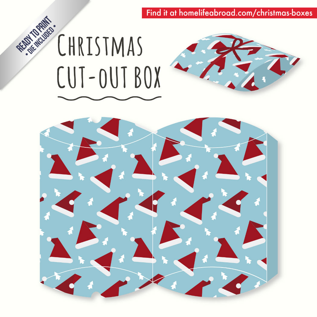 Santa Hat Christmas Cut-Out Box - with ready to print templates! Check out all the boxes & download at @homelifeabroad.com #christmasgifts #christmasboxes #christmastemplates #christmasprintables #santaprintables #santa #xmas #DIY #boxes #christmasDIY #christmascrafts