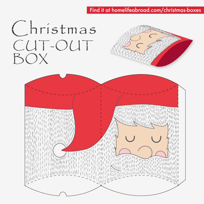 Santa Claus Christmas Cut-Out Box - with ready to print templates! Check out all the boxes & download at @homelifeabroad.com #christmasgifts #christmasboxes #christmastemplates #christmasprintables #santaprintables #santa #xmas #DIY #boxes #christmasDIY #christmascrafts