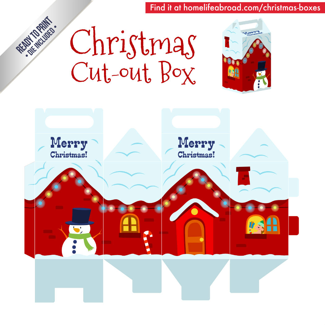 Christmas Snowy House Cut-Out Box - with ready to print templates! Check out all the boxes & download at @homelifeabroad.com #christmasgifts #christmasboxes #christmastemplates #christmasprintables #xmas #DIY #boxes #christmasDIY #christmascrafts