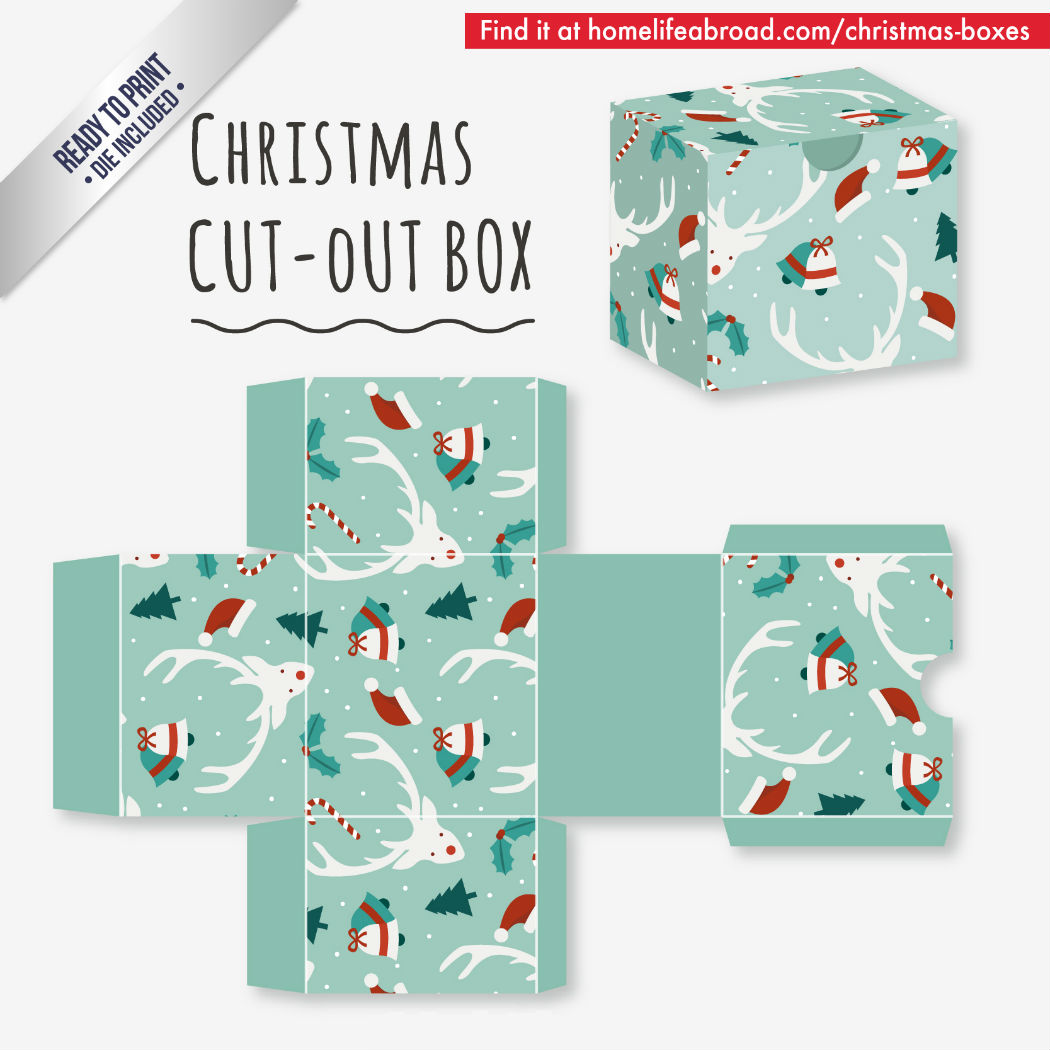 Reindeer Christmas Cut-Out Box - with ready to print templates! Check out all the boxes & download at @homelifeabroad.com #christmasgifts #christmasboxes #christmastemplates #christmasprintables #xmas #DIY #boxes #christmasDIY #christmascrafts #reindeer