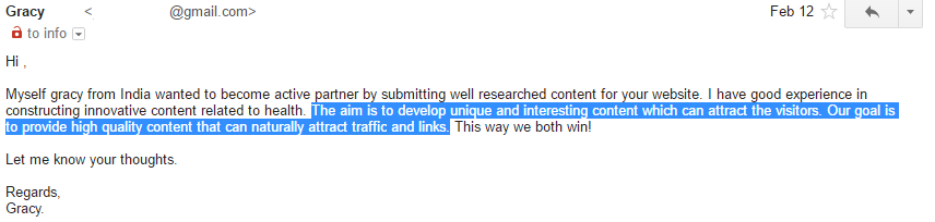 Um. NO. Your aim is to place content on my site promoting your client so they can pay your agency hundreds of dollars and you get paid for your time and work, while I'm expected to work for free and for zero benefits.